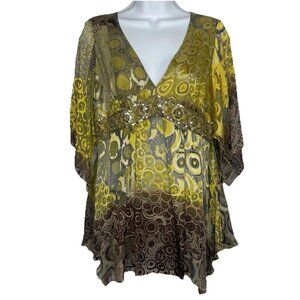 Vintage Y2K Anna Paul Silk Blouse Size M Green Gold Embroidery Sequins Maternity
